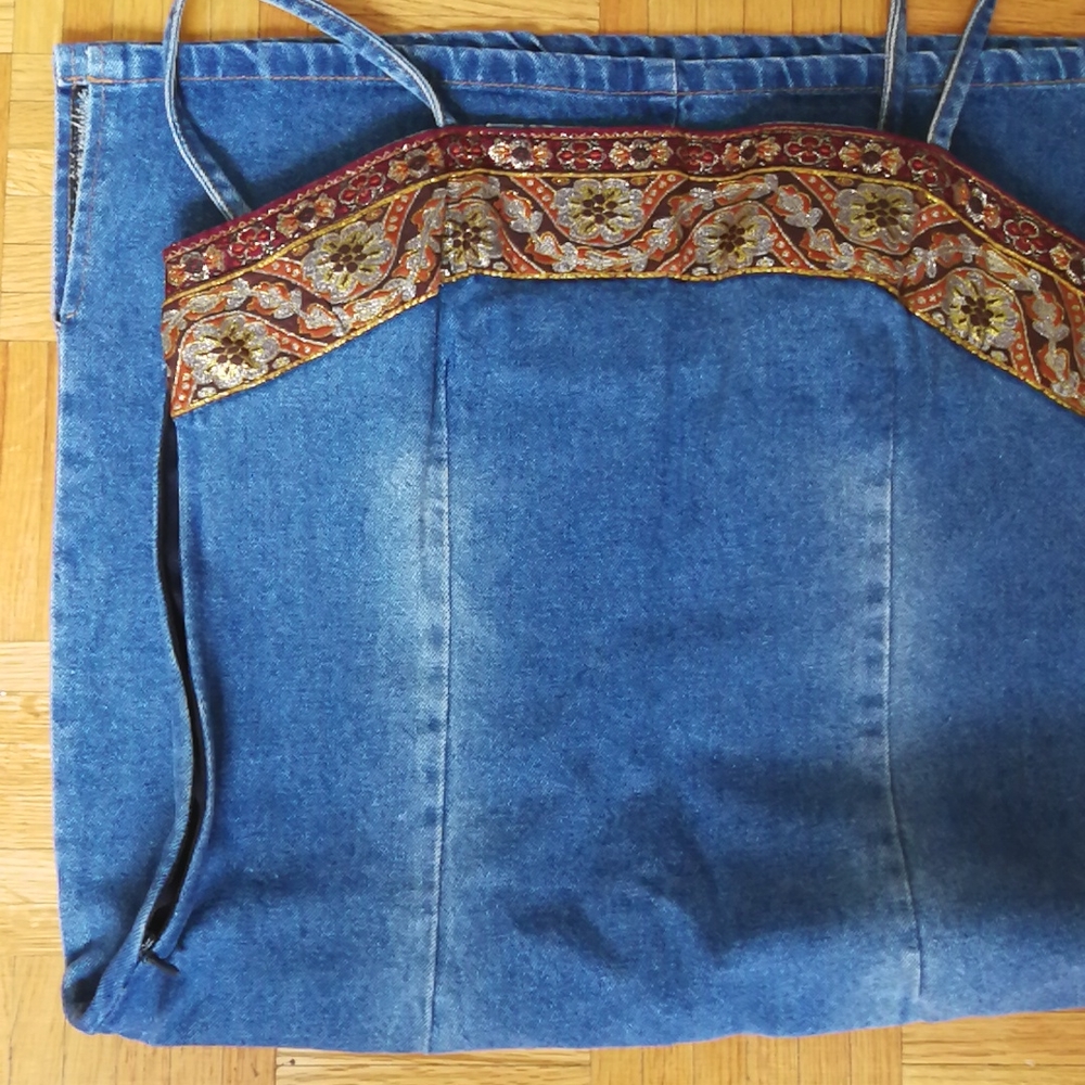 Vintage Blue Denim Slip Dress with Paisley Trim - Picture 3 of 10